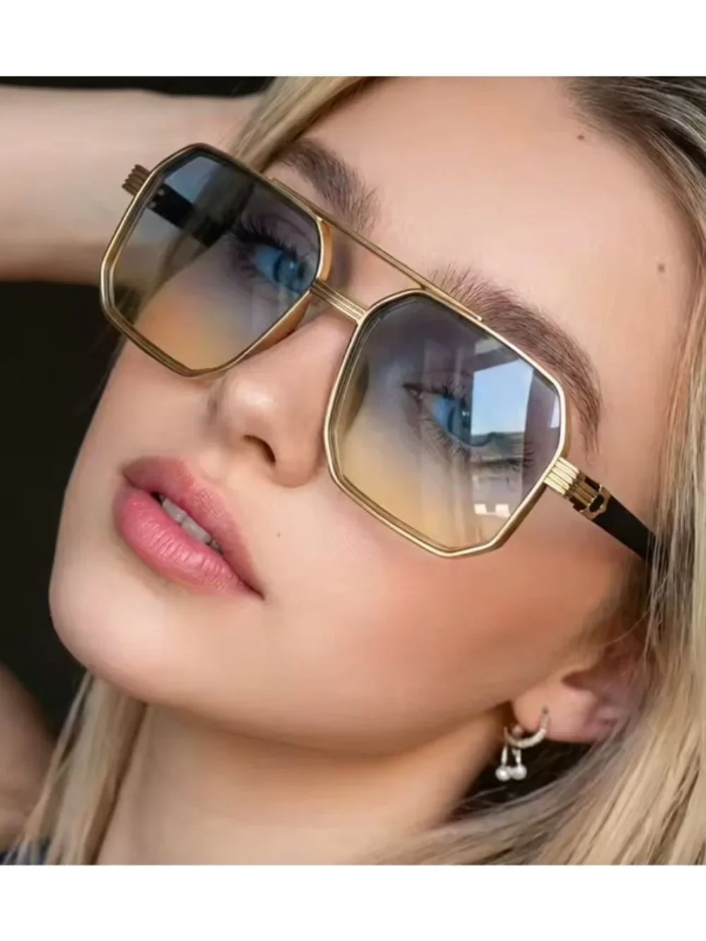Geometric Gold Frame Gradient Sunglasses With Black Arms